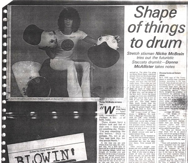 Artículo de 1977 de la revista "Sounds", escrito por Nicko McBrain, sobre la batería Staccato