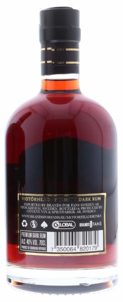 Trasera de la botella de Motörhead Premium Dark Rum