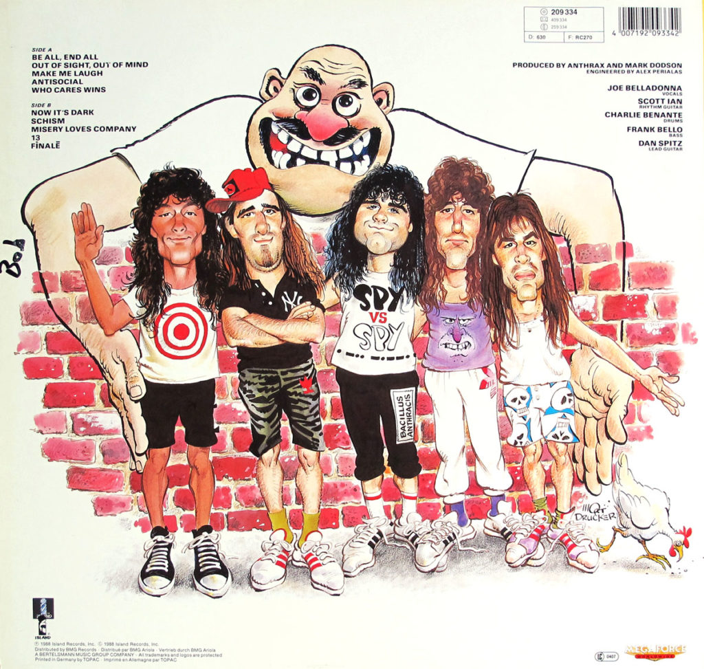 Contraportada del vinilo «State of Euphoria» (1988) de Anthrax, ilustrada por Mort Drucker