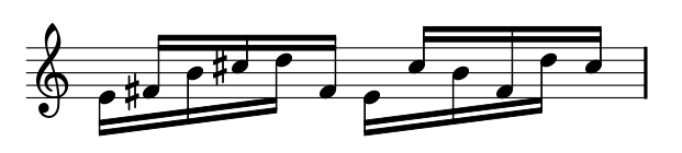 Primer motivo de «Piano Phase» de Steve Reich: 12 semicorcheas agrupadas 4×3
