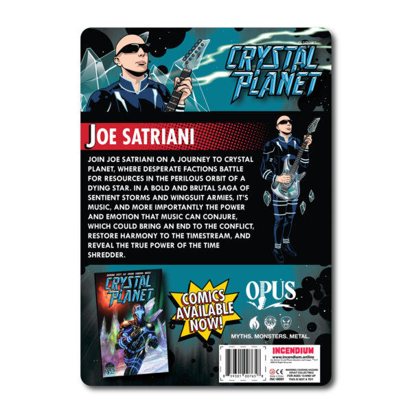 Trasera del paquete con la figura de Joe Satriani en «Crystal Planet», creada por Figbiz