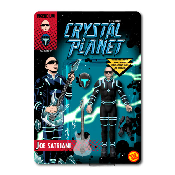 Frontal del paquete con la figura de Joe Satriani en «Crystal Planet», creada por Figbiz